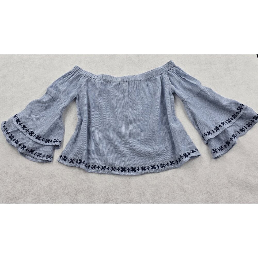 Lucky Brand Off Shoulder Cropped Top Size M Bell Sleeve Embroidered Boxy Blue